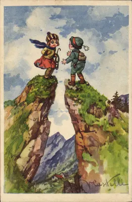 Deux enfants sur des falaises — illustration de V. Castellini — éditeur Milan