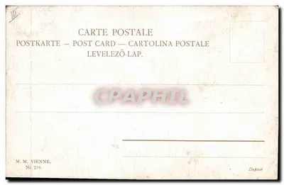Polowanie na wozie — jeździec w czerwonym stroju na białym koniu — M. M. Vienne, nr 218 — Rewers