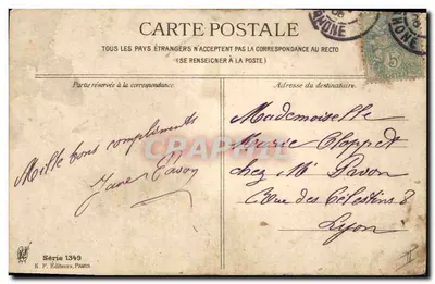 Chien dans un panier fleuri — scène de jardin avec deux pugs — K. F. Éditeurs, Paris, Série 1349 — Verso