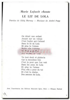 Marie Laforêt — Le lit de Lola — Éditions Musicales Igloo — Rewers