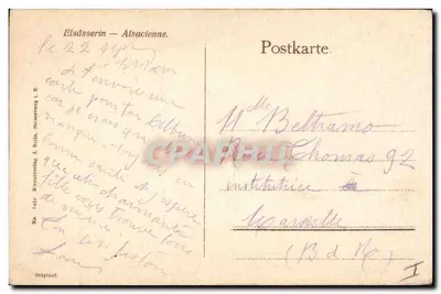 Młoda kobieta w tradycyjnym stroju alsaskim — Elsdsserin — wydawca J. Rulz, Strasbourg, n° 5410 — Rewers