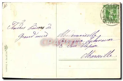 Deux enfants en manteaux de fourrure — scène intérieure avec chat noir — F. Cuspari — Rückseite