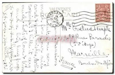 Cachorro brinquedo com fita amarela — Florence E. Vallier — cartão postal Valentine — Verso