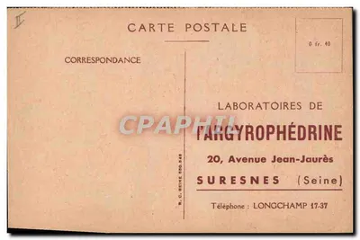 Carta postal publicitária — Laboratórios de Argyrophédrina — Suresnes — Verso