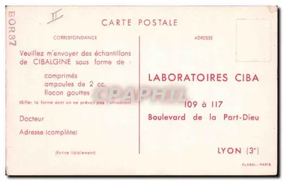 Publicité pour CIBALGINE — Laboratoires CIBA — éditeur imprimé sur la carte — Verso