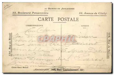Retrato de um homem em traje de festa — editor Cliché Henri Manuel, n° 134 Rue de Rivoli — Verso