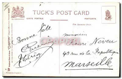 Deux poules au lit — scène humoristique avec panneau « Breakfast in Bed Charged Extra » — éditeur Tuck's Post Card — Verso