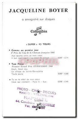 Jacqueline Boyer — 1. Grand Prix Eurovision 1960 — Disques Columbia — Rewers