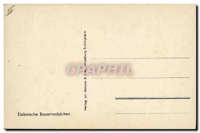 Mulheres da região do Elsasso — Em traje tradicional — Verlag Jul. Manias & Cie., Schlitzigheim — Verso