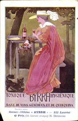 Frau in rosa Kleid und Hut — Werbung für das hygienische Tonic Byrrh — Plakatwettbewerb, 6. Preis, H. Detouche
