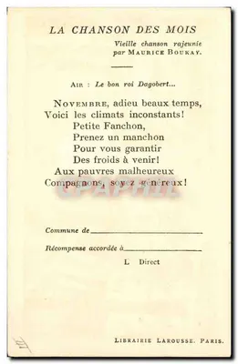 A canção dos meses — novembro — Delan, editor Larousse — Verso