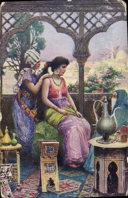 Scena życia orientalnego — kobiety w patio — wydawca At Toilet, seria 1024