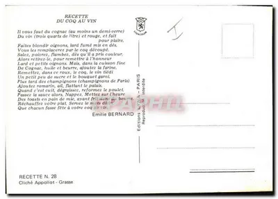 Kurczak z winem — Przepis N. 28 — Wydawnictwo LYNAC - PARYŻ — Rewers