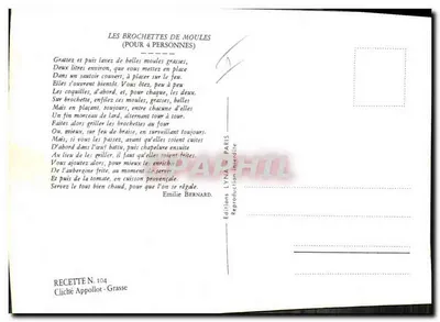 As Espetadas de MOLUSCOS — Receita N.104 — Edições Lyna, Paris — Verso
