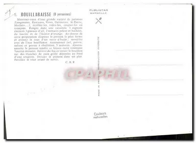 Bouillabaisse — przepis na 8 osób — Publistar Marseille — Rewers