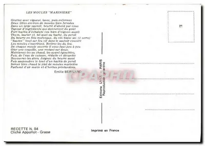 Moules "Marinière" — Przepis N. 84 — Éditions LYNÁ - PARIS — Rewers