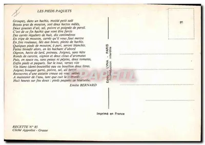 Les Pieds Paquets — Przepis kuchenny — Wydawnictwo LYNÁ - Paryż — Rewers