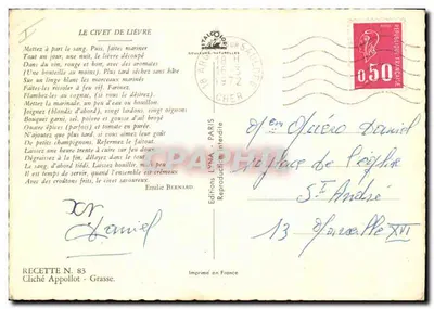 Le Civet de Lièvre — Przepis N°83 — Wydawnictwo LYNÁ — Paryż — Rewers