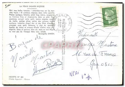 Salata niçoizna — przepis — Éditions d'Art Montulet, Grasse, N° 601 — Rewers