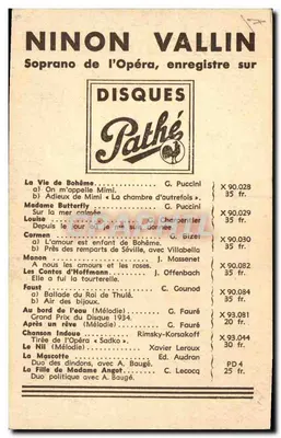 Ninon Vallin — Soprano z opery — Studio Arnal / Disques Pathé — Rewers