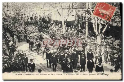 Toulon — Funérailles des Victimes de la « Liberté », 3 Octobre 1911 — Marines portant les Carroûnes — Imprimerie de l'Établissement de Toulon