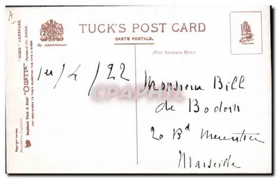 Gato negro y perro sobre tabla de deslizamiento — Tuck's Post Card n° 8488 — Reverso