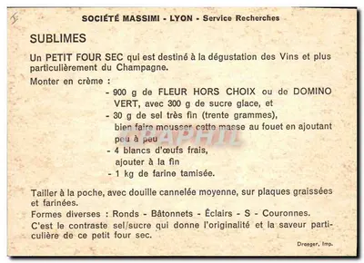Dekoracyjne ciastka — receptura na suchy petit four — Société Massimi - Lyon — Rewers