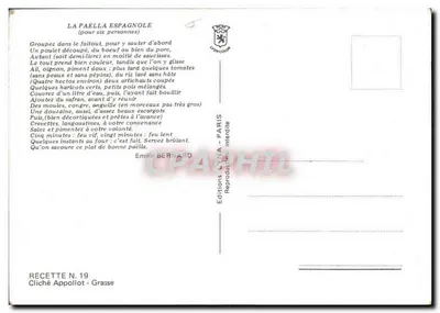 Paella hiszpańska — Przepis N. 19 — Wydawnictwo LYMA — Paryż — Rewers