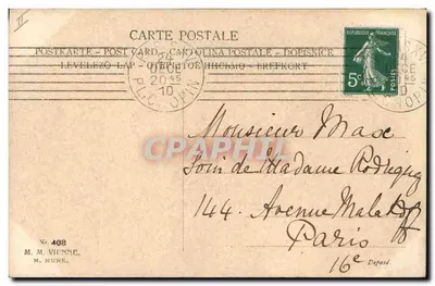 Champagne e cão ferido — Feliz Natal! — M. M. Vienne, n° 408 — Verso