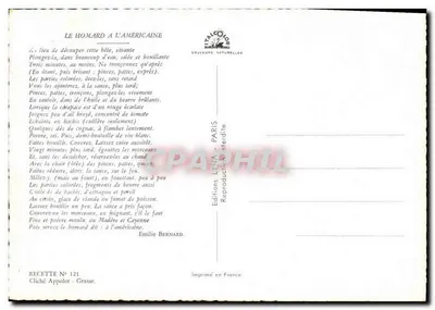 O Homar americano — Receita N° 121 — Edições LYNIA — Verso