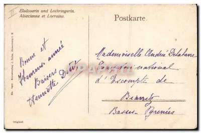 Dwie kobiety w strojach regionalnych — Alsaskiej i Lotaryńskiej — wydawca J. Reitz, Strasburg, nr 5400 — Rewers