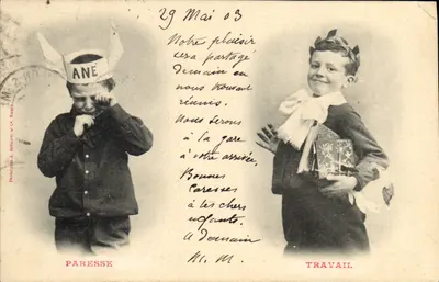 Paresse et Travail — deux enfants en costume — Phototype A. Bernuroy et Cie, Nancy