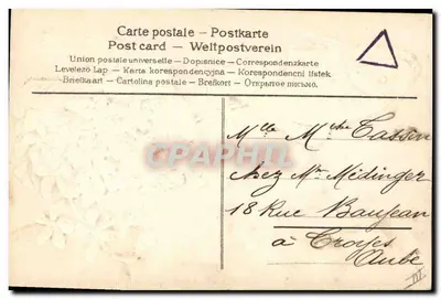 Flores violetas em um barco puxado por um peixe — editor Union postale universelle, número de série não visível — Verso