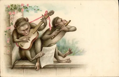 Deux singes musiciens — scène de balcon avec roses — éditeur A. & V. B. N°238