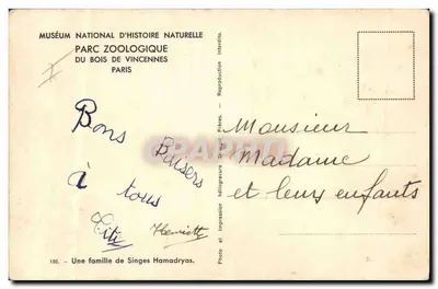 Bilhete postal antigo Bilhete postal antigo Museu de História Natural Parc Zoologique du Bois de Vincennes Zoo — Verso