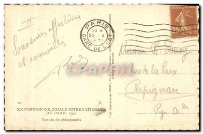 Par de chimpanzés — Exposição Colonial Internacional de Paris 1931 — Les Éditions d'Art Yvon — Verso