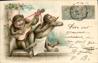 Zwei musizierende Affen — humorvolle Szene — Verlag A. & C. Nr. 18