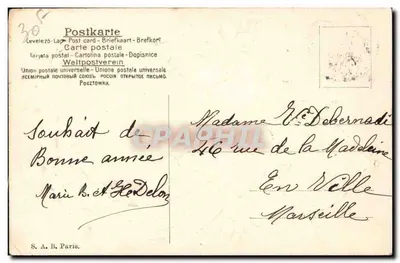 365 dagen geluk — antieke ansichtkaart met klaverbladeren, viooltjes en ankerstempel — S.A.B. Paris — Achterkant