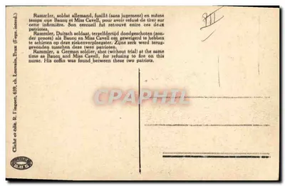 Rammler, soldado alemán fusilado — encontrado entre Baucq y Cavell — editor Chalé y edit. R. Fingoet, 639, ch. Louvain, Bruxelles — Reverso