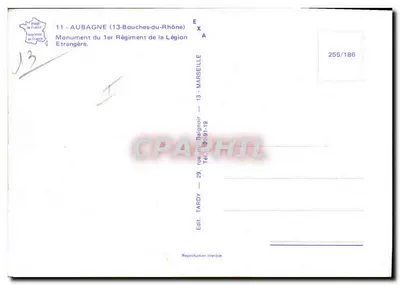 Monumento da Légion Estrangeira em Aubagne — 1º Regimento — editor Tardy, n° 255/186 — Verso
