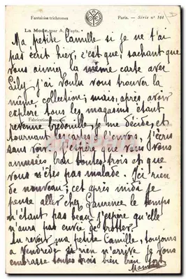 Mulher em vestido curto e chapéu de flores — A. Wuyts — Fantasias tricromáticas, Paris, Série n° 144 — Verso