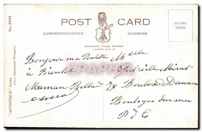 Menina pequena com vestido branco — 'Ne m'oubliez pas !' — Série Artística, n°2599, Florence House, Barnet — Verso