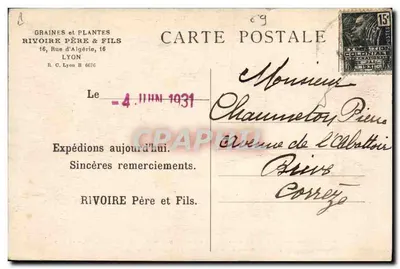 Lyon Centre Horticole — Exposição da Feira de Lyon, novembro 1929 — Maison Rivoire, Pai e Filho — Verso