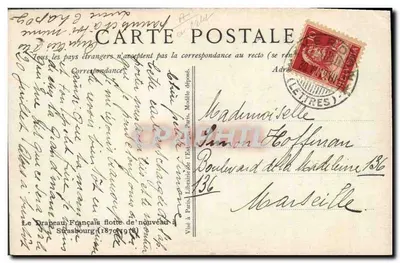 Strasbourg — cathédrale et cigogne portant le drapeau français — éditeur Orffland — Verso