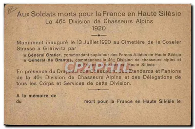 Monument aos Soldados mortos pela França na Alta Silésia — A 46ª Divisão de Caçadores Alpinos — Optiker Büttner, Gleiwitz, O.-S. — Verso