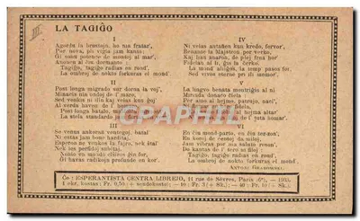 A Tagiĝo — poema e música de Antoni Grabowski — Editora: Esperantista Centra Librejo, Paris — Verso