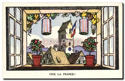 Vista de um vilarejo francês — bandeira e lanternas tricolores — desenho de Hansi, série 40, editor Floury