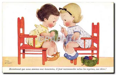 Dois crianças costurando — ilustração de MABEL LUCIE ATTWELL — editor Valentine's Post Card