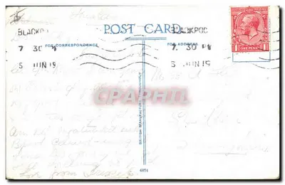 Mulher em maiô preto em Blackpool — desenho de Jacob Wilson — editor Blackpool Post Card Co. — Verso