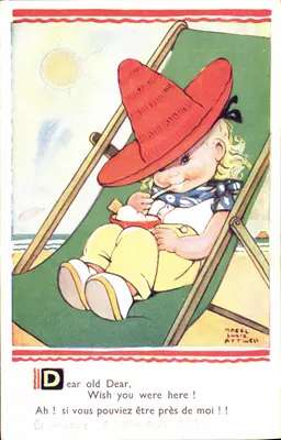 Criança com chapéu vermelho — praia — Mabel Lucie Attwell, n°5212